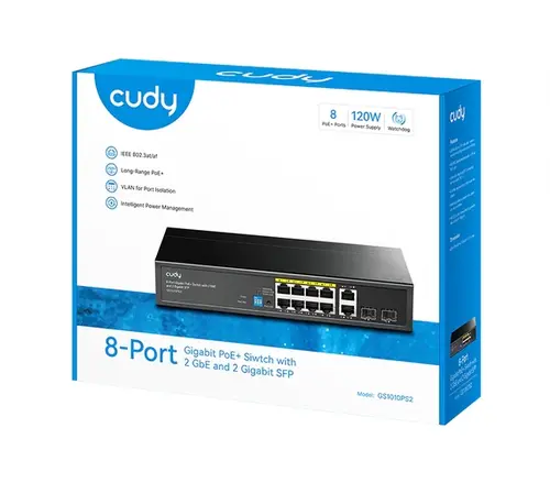 Комутатор, Cudy GS1010PS2 8-Port Gigabit PoE+ Switch with 2 Gigabit Uplink ports and 2 Gigabit SFP slot 120W 8-10/100/1000 BASE-T Gigabit ports, 2-Port 10/100/1000 BASE-T Gigabit Uplink ports, 2-1000 BASE-X SFP Slot, 120W Internal Power Supply - 2