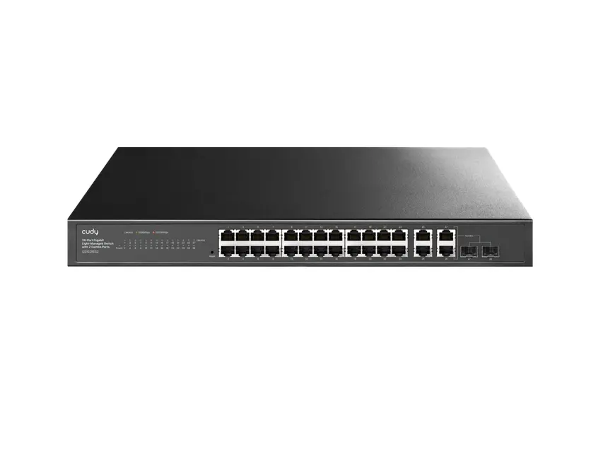 Комутатор, Cudy GS1028ES2 26-Port Gigabit Easy-Managed Switch, 10/100/1000M RJ45 Ports, 2 Gigabit Combo ports, 19 inch Rack-mount Steel Case (Rack-Mount kits included) 802.1Q/MTU/Port Based/Voice VLAN, MAC Management, Cudy Cloud APP
