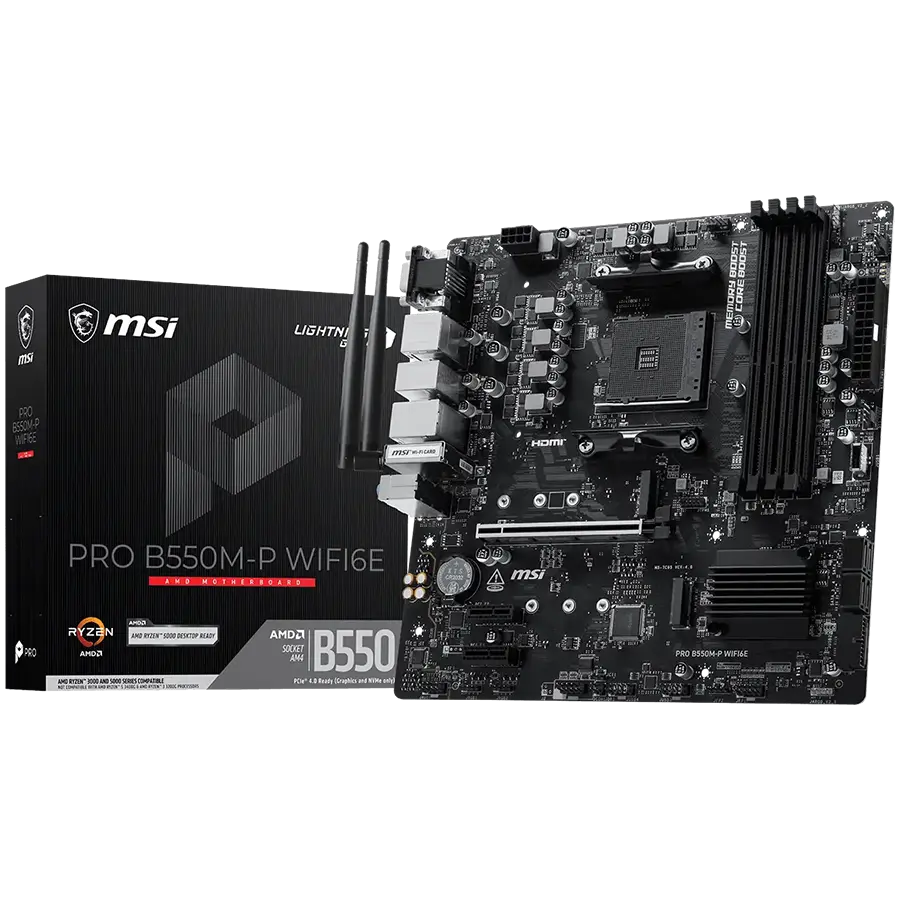 MSI PRO B550M-P WIFI6E, M-ATX, Socket AM4, 4 DIMM, Dual Channel DDR4 up to 4400+(OC)MHz, 1x PCIe 4.0 x16 slot, 2x M.2 slots, 4x USB 3.2 Gen 1, 2x USB 2.0, 1x HDMI,1x DP, 1x VGA, 1G LAN, WIFI6E, 7.1 Audio, 3Y