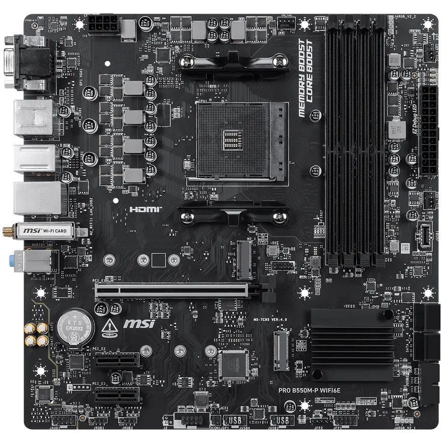 MSI PRO B550M-P WIFI6E, M-ATX, Socket AM4, 4 DIMM, Dual Channel DDR4 up to 4400+(OC)MHz, 1x PCIe 4.0 x16 slot, 2x M.2 slots, 4x USB 3.2 Gen 1, 2x USB 2.0, 1x HDMI,1x DP, 1x VGA, 1G LAN, WIFI6E, 7.1 Audio, 3Y - image 1
