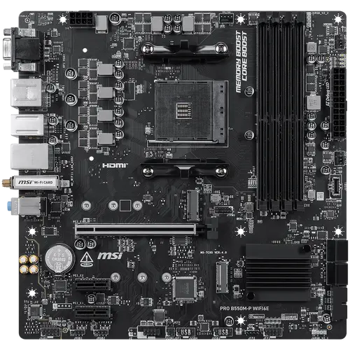 MSI PRO B550M-P WIFI6E, M-ATX, Socket AM4, 4 DIMM, Dual Channel DDR4 up to 4400+(OC)MHz, 1x PCIe 4.0 x16 slot, 2x M.2 slots, 4x USB 3.2 Gen 1, 2x USB 2.0, 1x HDMI,1x DP, 1x VGA, 1G LAN, WIFI6E, 7.1 Audio, 3Y - 2