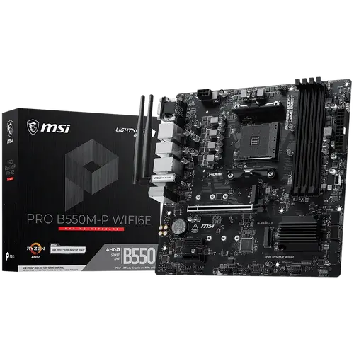 MSI PRO B550M-P WIFI6E, M-ATX, Socket AM4, 4 DIMM, Dual Channel DDR4 up to 4400+(OC)MHz, 1x PCIe 4.0 x16 slot, 2x M.2 slots, 4x USB 3.2 Gen 1, 2x USB 2.0, 1x HDMI,1x DP, 1x VGA, 1G LAN, WIFI6E, 7.1 Audio, 3Y - 1