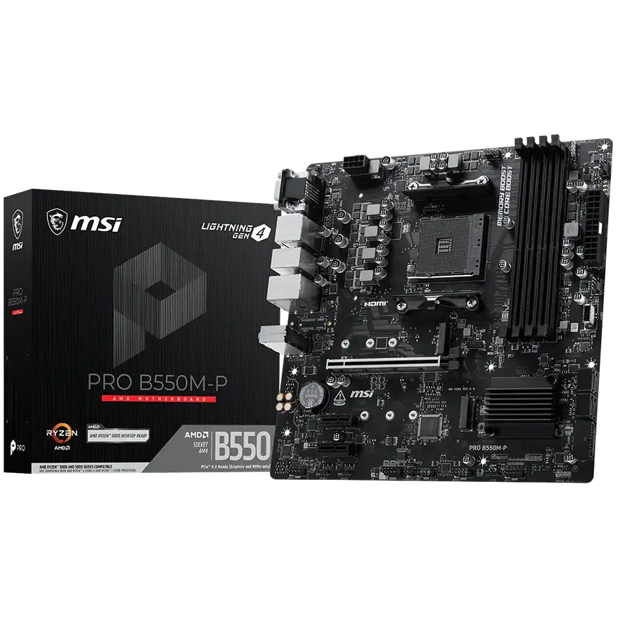 MSI PRO B550M-P, M-ATX, Socket AM4, 4 DIMM, Dual Channel DDR4 up to 4400+(OC)MHz, 1x PCIe 4.0 x16 slot, 2x M.2 slots, 4x USB 3.2 Gen 1, 2x USB 2.0, 1x HDMI,1x DP, 1x VGA, 1G LAN, 7.1 Audio, 3Y