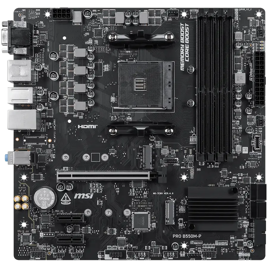 MSI PRO B550M-P, M-ATX, Socket AM4, 4 DIMM, Dual Channel DDR4 up to 4400+(OC)MHz, 1x PCIe 4.0 x16 slot, 2x M.2 slots, 4x USB 3.2 Gen 1, 2x USB 2.0, 1x HDMI,1x DP, 1x VGA, 1G LAN, 7.1 Audio, 3Y - image 1