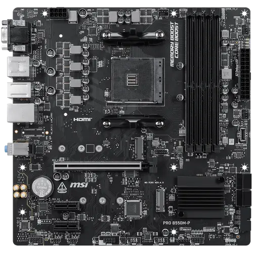 MSI PRO B550M-P, M-ATX, Socket AM4, 4 DIMM, Dual Channel DDR4 up to 4400+(OC)MHz, 1x PCIe 4.0 x16 slot, 2x M.2 slots, 4x USB 3.2 Gen 1, 2x USB 2.0, 1x HDMI,1x DP, 1x VGA, 1G LAN, 7.1 Audio, 3Y - 2