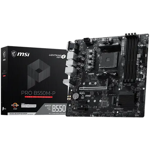 MSI PRO B550M-P, M-ATX, Socket AM4, 4 DIMM, Dual Channel DDR4 up to 4400+(OC)MHz, 1x PCIe 4.0 x16 slot, 2x M.2 slots, 4x USB 3.2 Gen 1, 2x USB 2.0, 1x HDMI,1x DP, 1x VGA, 1G LAN, 7.1 Audio, 3Y - 1