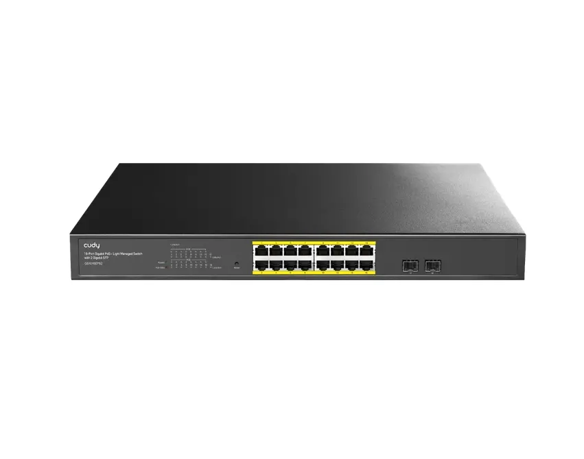 Комутатор, Cudy GS1016EPS2 16 port 10/100/1000 Base-T Gigabit ports 19-inch 2-1000 Base-X SFP Slot 16-port IEEE 802.3at PoE+ Injector Supports PoE power up to 30W for each PoE port Local management via WEB GUI 200W Internal