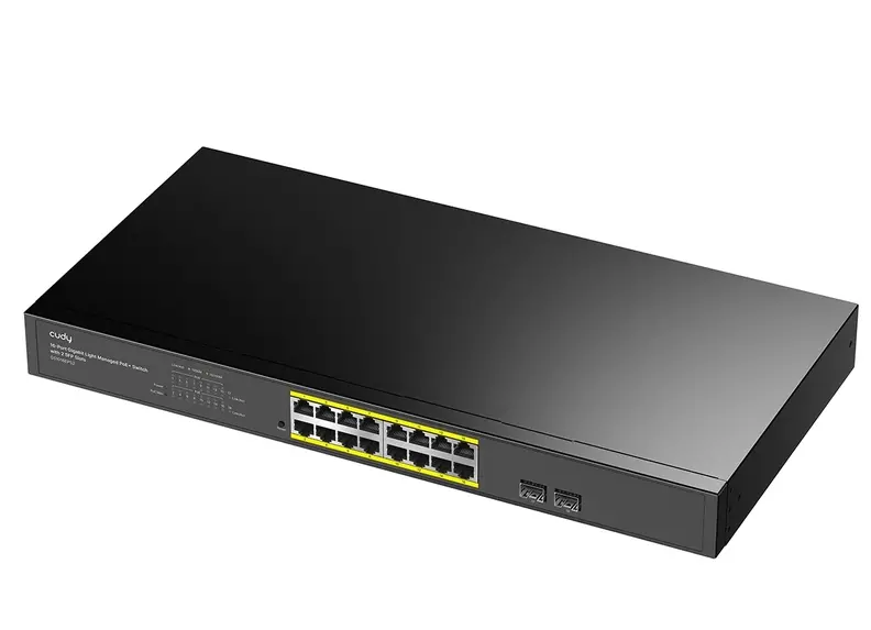 Комутатор, Cudy GS1016EPS2 16 port 10/100/1000 Base-T Gigabit ports 19-inch 2-1000 Base-X SFP Slot 16-port IEEE 802.3at PoE+ Injector Supports PoE power up to 30W for each PoE port Local management via WEB GUI 200W Internal - image 1