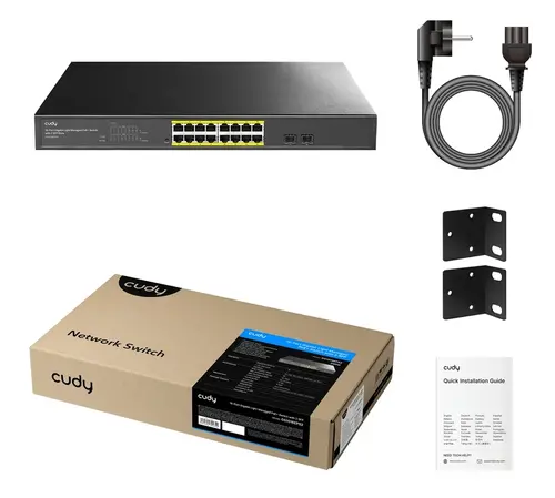 Комутатор, Cudy GS1016EPS2 16 port 10/100/1000 Base-T Gigabit ports 19-inch 2-1000 Base-X SFP Slot 16-port IEEE 802.3at PoE+ Injector Supports PoE power up to 30W for each PoE port Local management via WEB GUI 200W Internal - 4