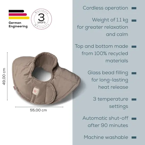 Термоподложка, Beurer HK 165 Huggy Taupe Shoulder heat pad; Soft & cosy material; lithium-ion battery; Soothing heat for up to 4 h; Machine-washable at 30°C; 3 temp. settings - 2