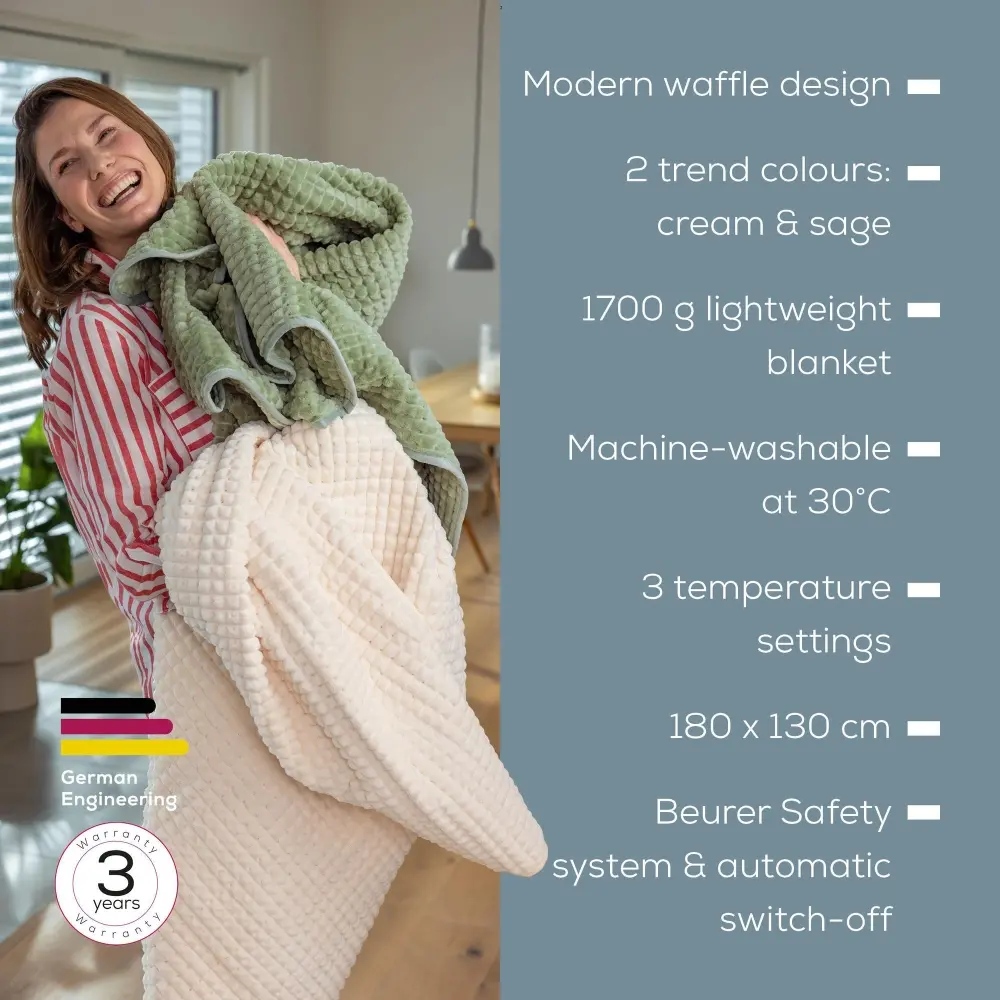 Термоподложка, Beurer HD 72 Waffle Sage Green Heated overblanket; Soft and cuddly surface; Machine-washable at 30°C; 3 temp. settings; 1.7kg. Lightweight blanket - image 6