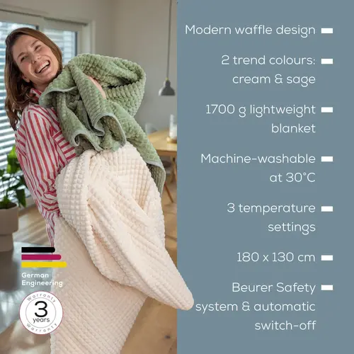 Термоподложка, Beurer HD 72 Waffle Sage Green Heated overblanket; Soft and cuddly surface; Machine-washable at 30°C; 3 temp. settings; 1.7kg. Lightweight blanket - 7
