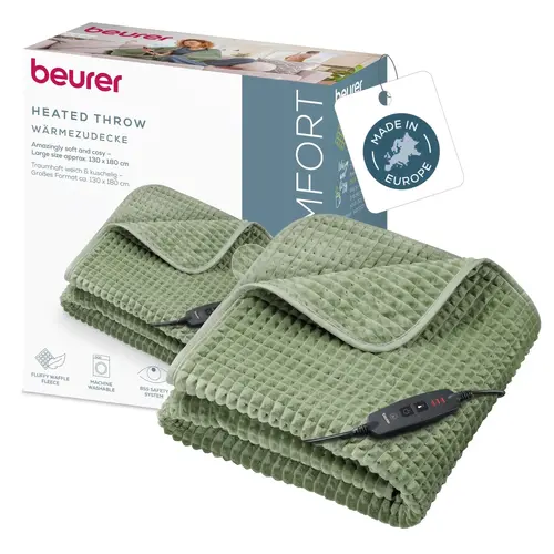 Термоподложка, Beurer HD 72 Waffle Sage Green Heated overblanket; Soft and cuddly surface; Machine-washable at 30°C; 3 temp. settings; 1.7kg. Lightweight blanket - 8