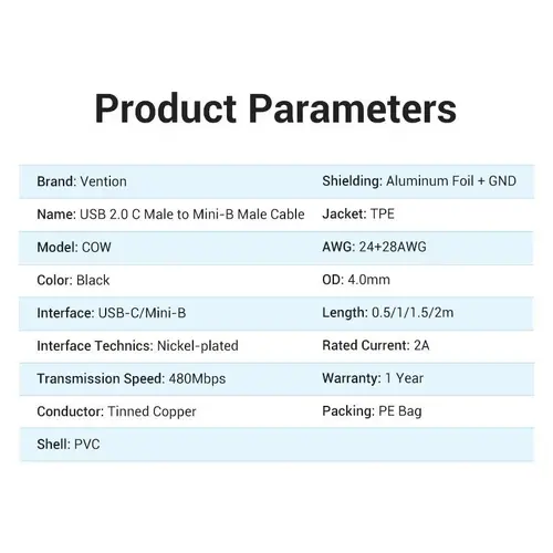 Vention Кабел USB 2.0 C M / Mini USB 5pin 0.5m - COWBD - 13