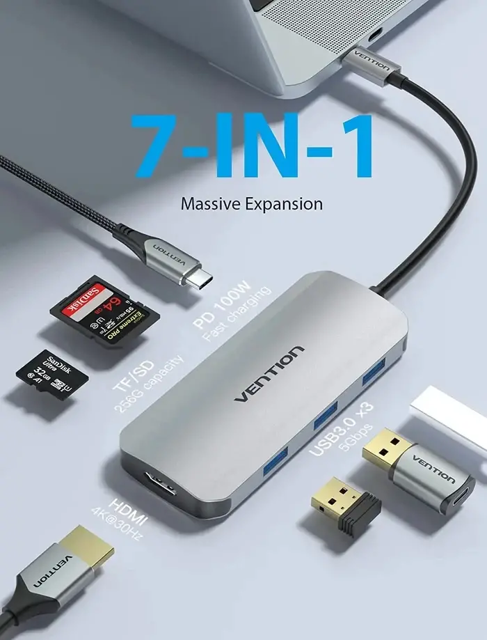 Vention докинг станция Docking Station Type-C - TOJHB - HDMI x 1, USB3.0 x 3, USB-C PD100W x 1, SD/TF - image 4