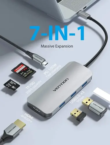 Vention stație de andocare Type-C - TOJHB - HDMI x 1, USB3.0 x 3, USB-C PD100W x 1, SD/TF - 5