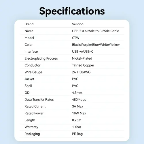 Vention Καλώδιο USB 2.0 AM / USB-C M 0.25m - CTWWC - 12