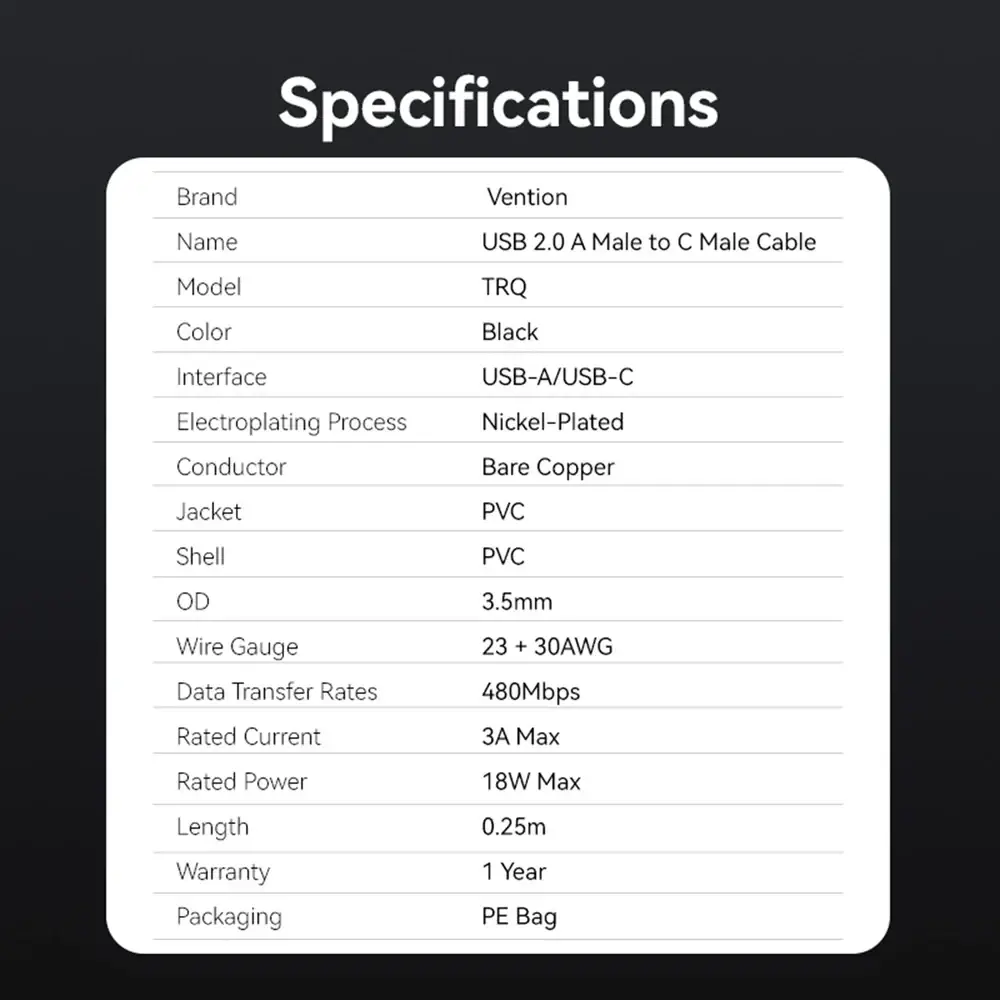 Vention Cablu USB 2.0 AM / USB-C M 0.25m - TRQBAC - image 12