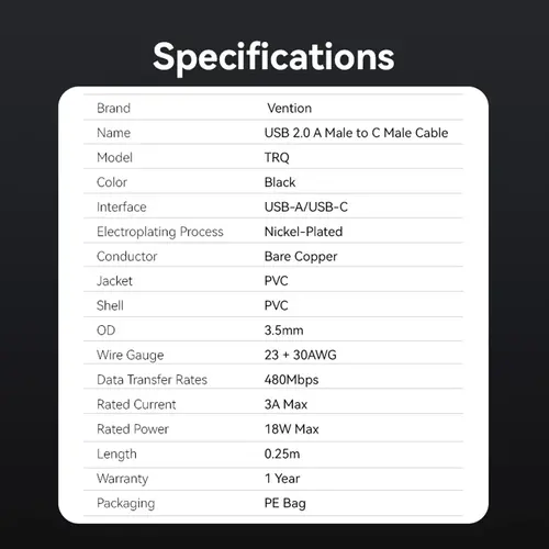 Vention Καλώδιο USB 2.0 AM / USB-C M 0.25m - TRQBAC - 13
