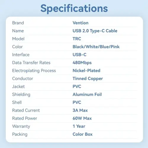 Vention Cablu USB 2.0 C M / USB-C M 1.0m Alb - TRCWF - 11