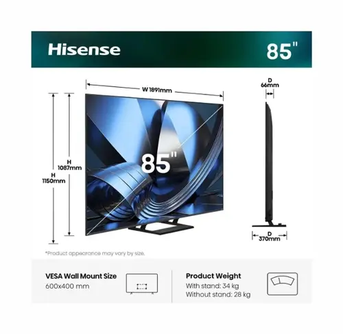 Televizor, Hisense 85"U7SE, 4K Ultra HD 3840x2160, ULED, FALD, Quantum Dot, 144Hz, IPS, HDR 10+, HLG, Dolby Vision IQ, Dolby Atmos, Smart TV, WiFi - 2