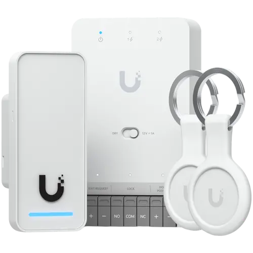 Ubiquity UA-G3-SK all-in-one kit for UniFi Access, designed to manage a single door with one reader. Supports seamless setup and Apple Touch Pass for modern, secure access control, Door Hub Mini, G3 Reader, 2x Pocket Keyfobs - 1