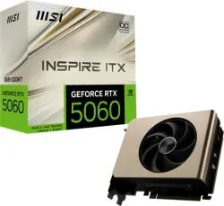 MSI Video Card NVIDIA GeForce RTX 5060 8G INSPIRE ITX OC, 8GB GDDR7, 128-bit, 2535 MHz Boost, 3840 CUDA Cores, PCIe 5.0 (x8), 3x DP 2.1b, HDMI 2.1b, RAY TRACING, Dual Fan, 145W TDP, 8-pin PCIe Power, G-SYNC, 2-Slot, 3Y - 1