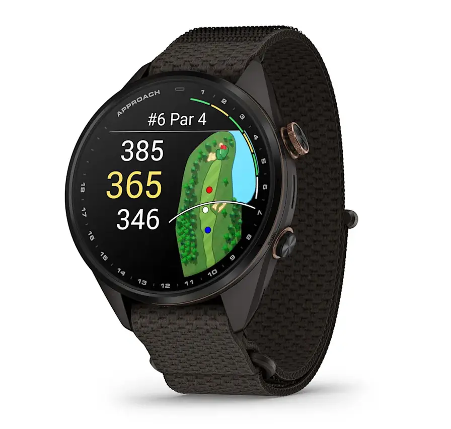 Garmin Approach® S72 - 43 mm - Carbon Gray/Heritage Bronze DLC Titanium Bezel με λουράκι Pebble Grey ComfortFit Fabric 010-04147-02