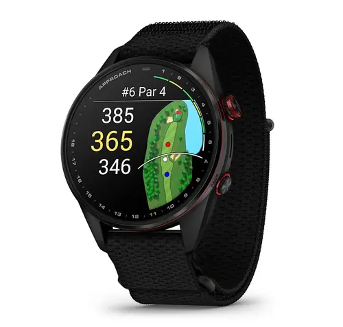 Garmin Approach® S72 - 47 мм - Carbon Gray/Red DLC Titanium Bezel с Black ComfortFit Fabric каишка 010-04148-02 - 1