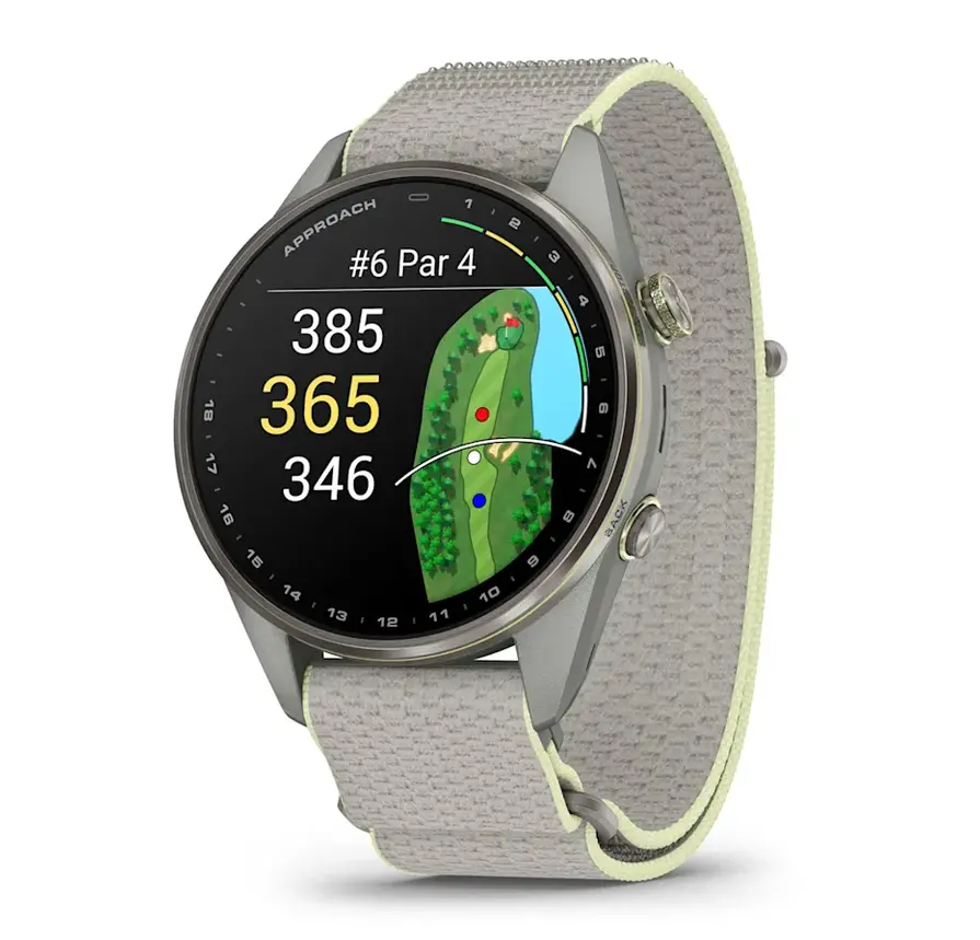 Garmin Approach® S72 - 47 мм - Silver/Citron Titanium Bezel с Fog Grey/Citron ComfortFit Fabric каишка 010-04148-04
