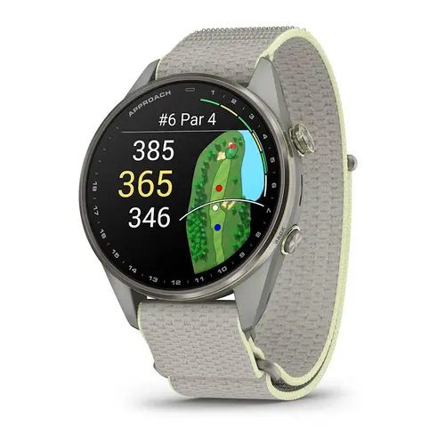 Garmin Approach® S72 - 47 мм - Silver/Citron Titanium Bezel с Fog Grey/Citron ComfortFit Fabric каишка 010-04148-04 - 1