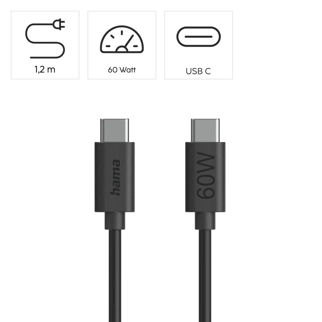 HAMA Кабел за зареждане USB-C - USB-C, 60 W, 1.2 м, черен - image 6