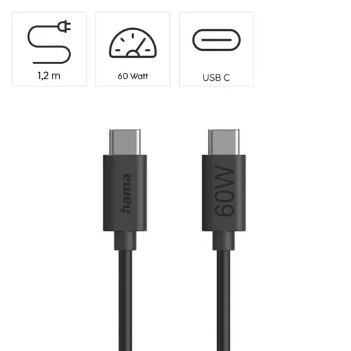 HAMA Кабел за зареждане USB-C - USB-C, 60 W, 1.2 м, черен - 7
