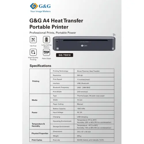 IMPRIMANTĂ MOBILĂ A4 G&G - HEAT TRANSFER PRINTER A4 GG-TD-810 (GGTD810) - PN TDN800R12P - 12