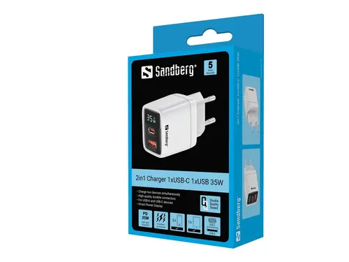 ЗАРЯДНО SANDBERG 2 в 1 - 1xUSB-C 1xUSB 35W - White - PN 441-52 - 2
