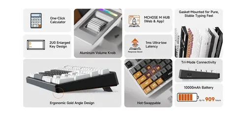 MCHOSE геймърска механична клавиатура Wireless Gaming Mechanical Keyboard UT98 Classic Therapy - Silent Peach V3 Switch [Linear] (English US) - 9