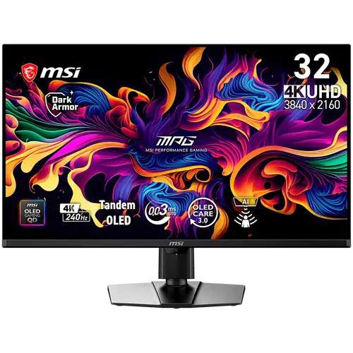 MSI MPG 322UR QD-OLED X24 Gaming Monitor, 31.5" 240Hz, UHD (3840x2160) 16:9, Anti-Reflection, 0.03ms, 300nits, 1500000:1, 178/178, G-SYNC Compatible, FreeSync Premium Pro, DisplayHDR True Black 500, Adj. Stand, 1xDP, 2xHDMI, 1xType-C, 3Y