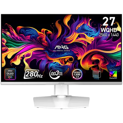 MSI MAG 272QPW QD-OLED X28 Gaming Monitor, 26.5" 280Hz, WQHD (2560x1440) 16:9, Anti-Reflection, 0.03ms, 250nits, 1500000:1, 178/178, G-SYNC Compatible, FreeSync Premium Pro, DisplayHDR True Black 400, Adj. Stand, 1xDP, 2xHDMI, 1xType-C, White, 3Y