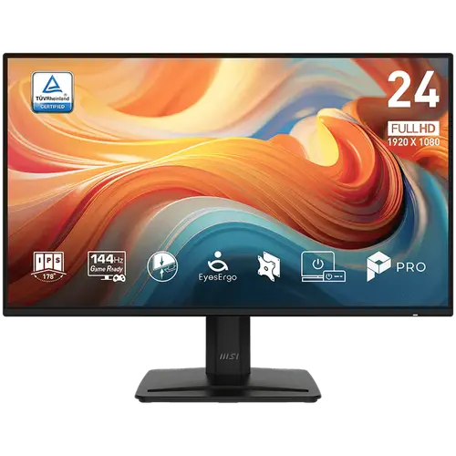 MSI PRO MP243 E14 Professional Business Monitor, 23.8" 144Hz, FHD (1920x1080) 16:9, IPS Anti-glare, 1ms, 300nits, 1500:1, 178/178, Adaptive-Sync, HDR Ready, Tilt, Speakers, 1x DP, 1x HDMI, 1x Headphone out, 3Y Warranty