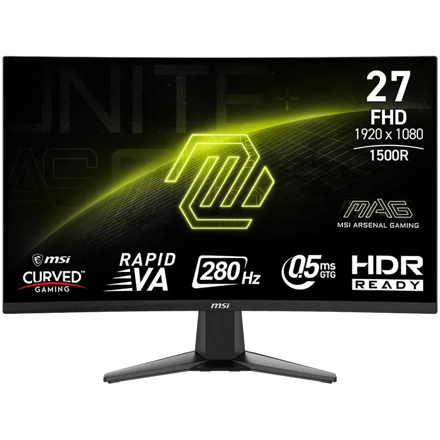 MSI MAG 276CXF Curved Gaming Monitor, 27" 280Hz, FHD (1920x1080) 16:9, Rapid VA Anti-glare, 1500R, 0.5ms, 300nits, 4000:1, 178/178, Adaptive-Sync, HDR Ready, Tilt, 1x DP, 2x HDMI, 1x Headphone out, 3Y Warranty