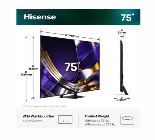 Телевизор, Hisense 75"U7S Pro, 4K Ultra HD 3840x2160, ULED, FALD, Quantum Dot, 165Hz, IPS, HDR 10+, HLG, Dolby Vision IQ, Dolby Atmos, Smart TV, WiFi 5GHz, WiFi Direct, BT, Anyview Cast,light sensor,Solar Powered Remote, 4xHDMI, 2xUSB, LAN, CI+, DVB-T2/C/S2, Black - 2