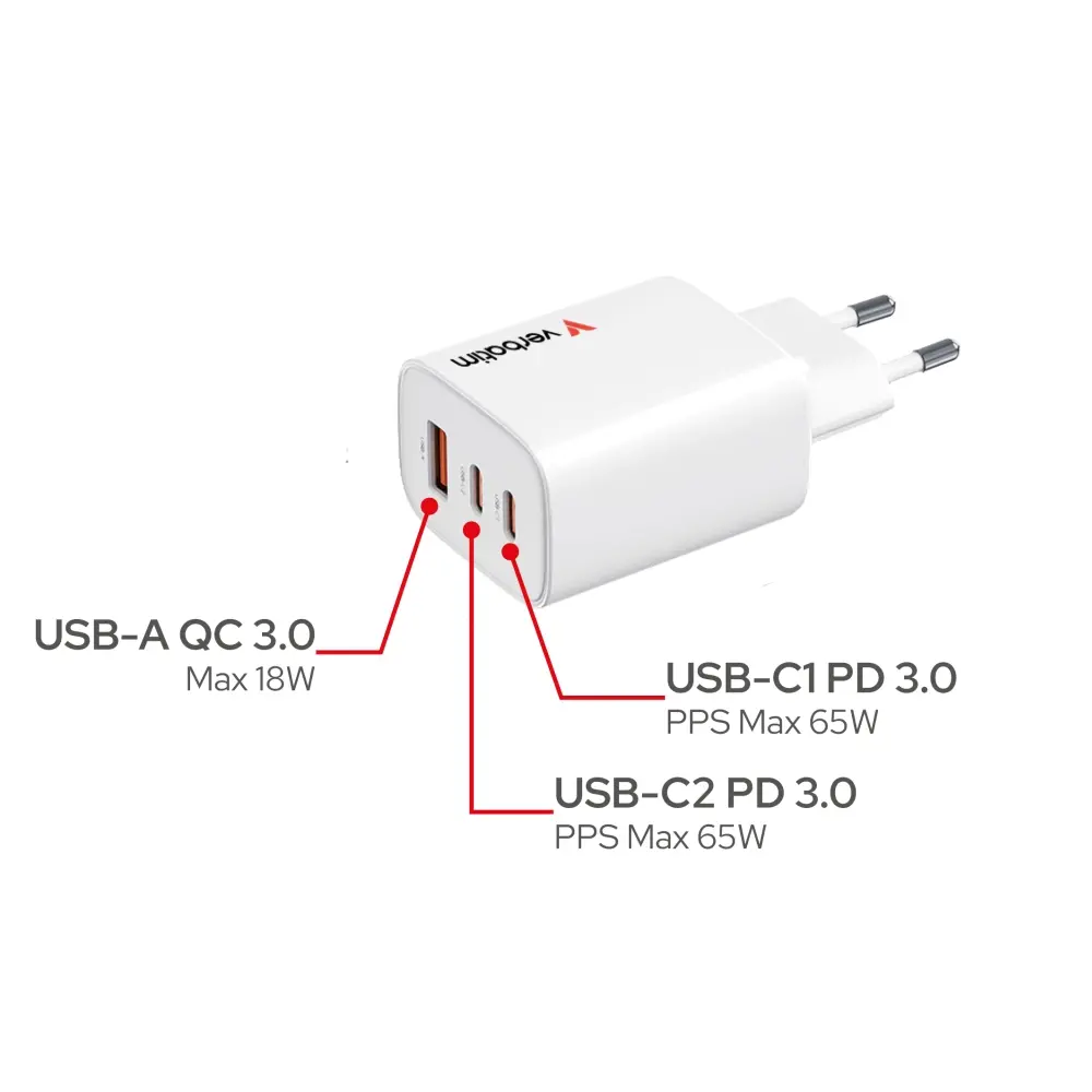 Зарядно устройство, Verbatim Essentials GaN Charger 65W EU plug White - image 7