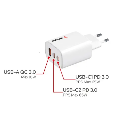 Зарядно устройство, Verbatim Essentials GaN Charger 65W EU plug White - 8