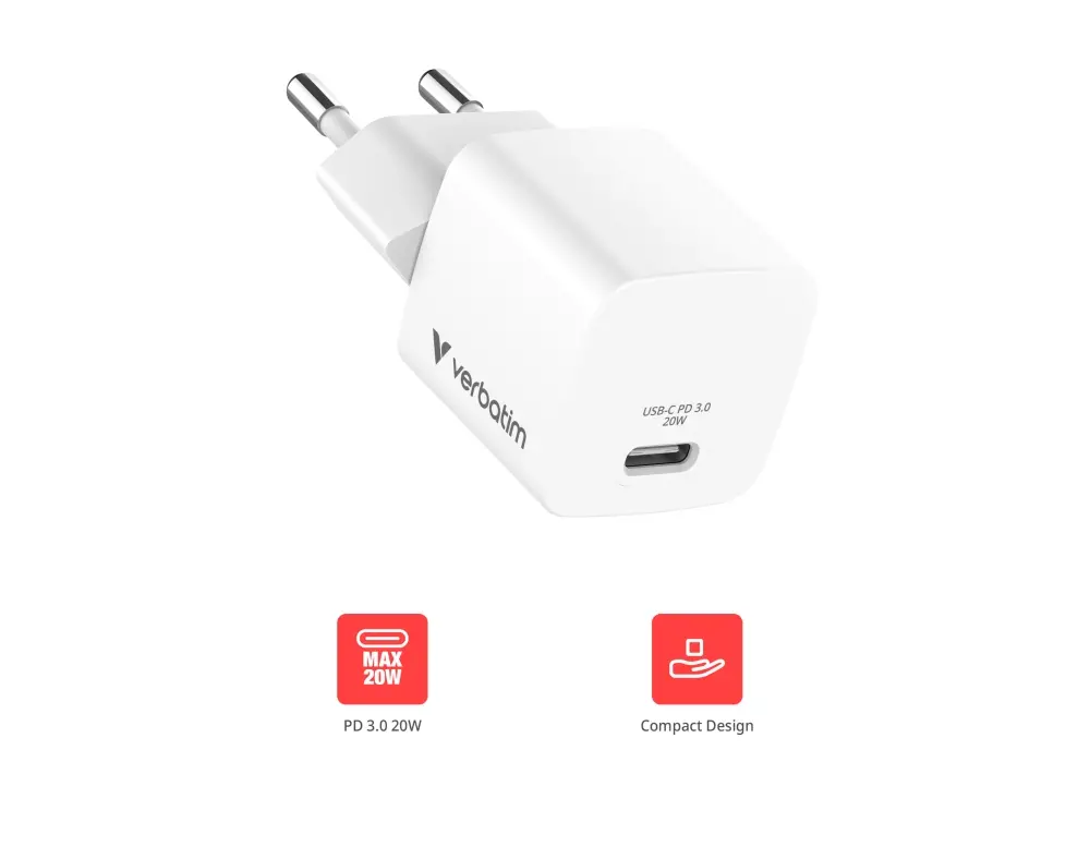 Încărcător, Verbatim Mini GaN Charger 20W, ștecher EU - image 2