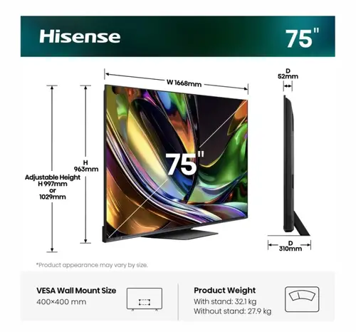 Τηλεόραση, Hisense 75" UR8S, 4K Ultra HD 3840x2160, RGB Mini Led, DLED, Quantum Dot, 180Hz, IPS, HDR 10+, HLG, Dolby Vision IQ, Dolby Atmos, Smart TV - 2