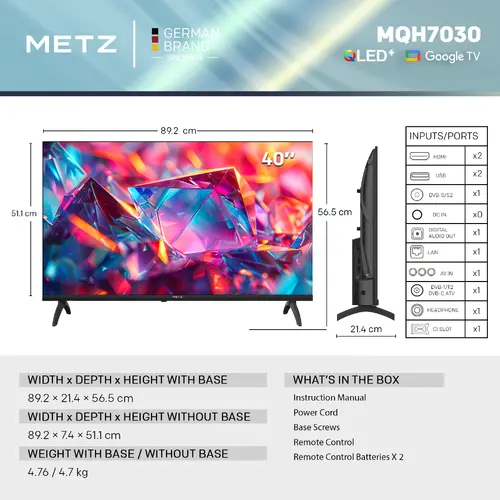 Телевизор METZ 40" 40MQH7030Z QLDE+ FHD(1920x1080), GoogleTV, Клас E - 5