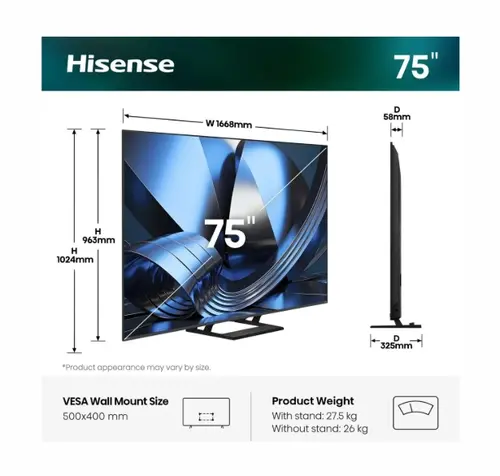 Τηλεόραση, Hisense 75"U7SE, 4K Ultra HD 3840x2160, ULED, FALD, Quantum Dot, 144Hz, IPS, HDR 10+, HLG, Dolby Vision IQ, Dolby Atmos, Smart TV, WiFi - 2