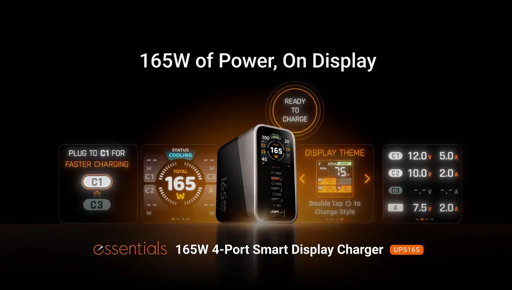 Φορτιστής ATEN UP5165-AT, 4 θύρες, έως 165W, GaN, έγχρωμη έξυπνη οθόνη - image 1