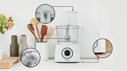 Кухненски робот, Bosch MCM3230W, Compact food processor MultiTalent 3; White; 800 W, Switch settings: 2-stage; Bowl capacity: 2.30 l, Liquidiser with safety lid and capacity: 1 l; Mix bowl-max flour+ingredients: 0.80 kg, Mixing bowl-max. dry mixture 0.5 kg; No. of includ - 2