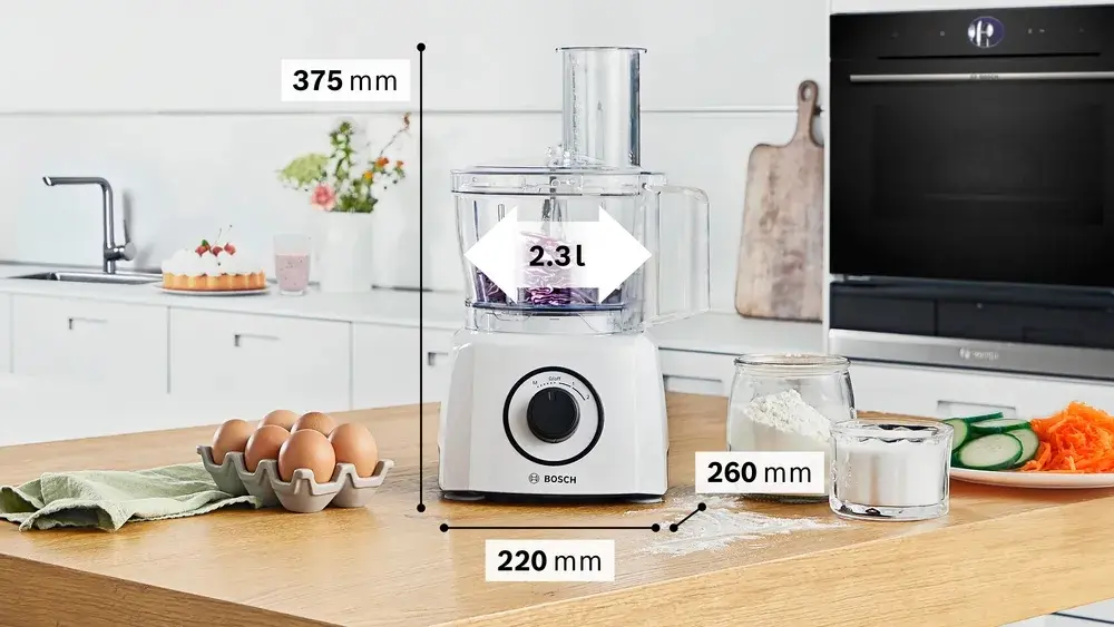 Кухненски робот, Bosch MCM3230W, Compact food processor MultiTalent 3; White; 800 W, Switch settings: 2-stage; Bowl capacity: 2.30 l, Liquidiser with safety lid and capacity: 1 l; Mix bowl-max flour+ingredients: 0.80 kg, Mixing bowl-max. dry mixture 0.5 kg; No. of includ - image 2